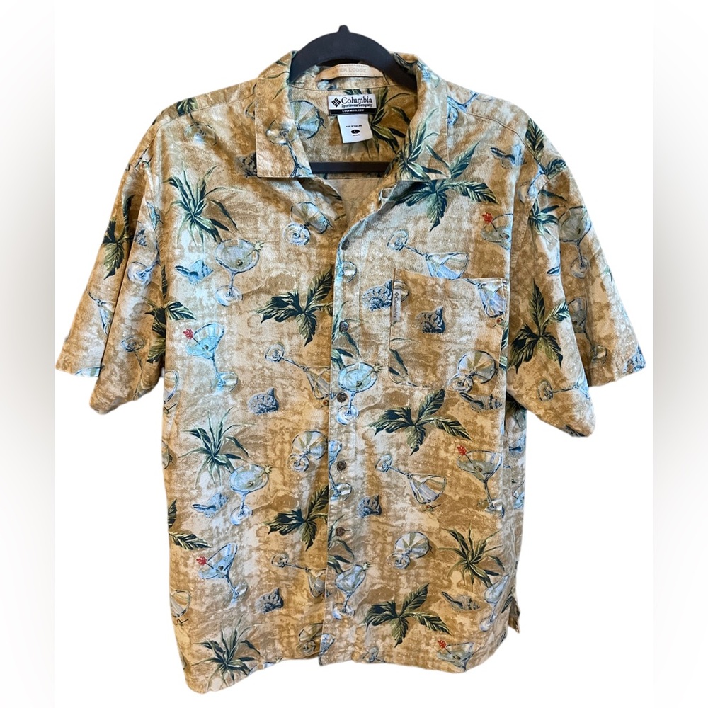 Columbia Men's Shirt M River Lodge‎ Beige Hawaiian Shell Martini Pocket Large